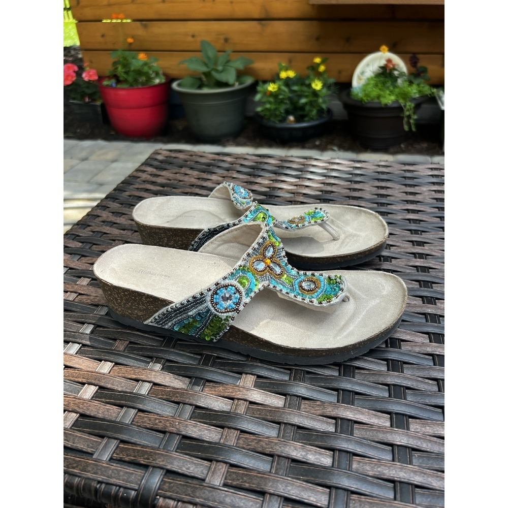 Croft & Barrow Beaded Wedge Sandals Size 9.5M Boho Cork Footbed Teal Green